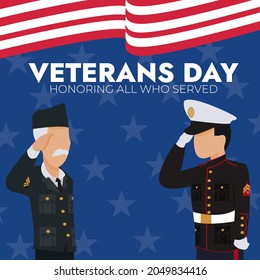 War Veteran And US Marine Saluting Each Other Suitable For Veterans Day Illustration