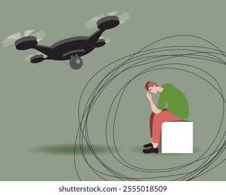 War veteran or white male as PTSD concept after war, flat vector stock illustration with fear, shock and mental health problems