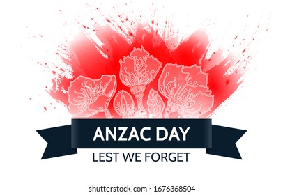 War veterans Anzac Day memorial card with red poppies and text Lest We Forget