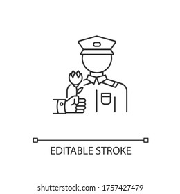War veterans charity pixel perfect linear icon. Help for army soldier. Memorial Day appreciation. Thin line customizable illustration. Contour symbol. Vector isolated outline drawing. Editable stroke