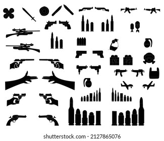 War Weapons gun ammo grenade drone kevlar vest sniper hand drawn logo icon silhouette