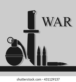 War and its weapons. illustration with shadow. A knife, a grenade and ammunition.