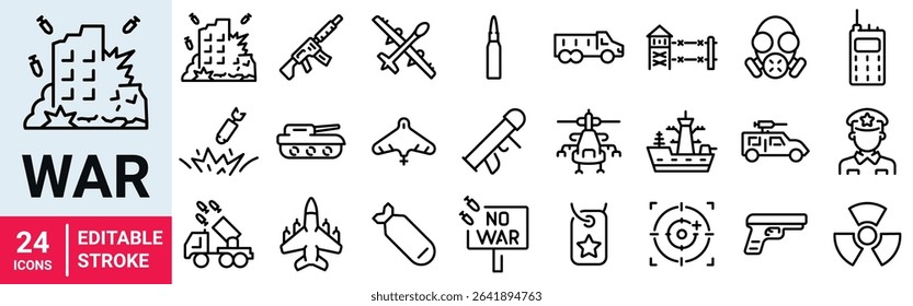 War web icons in line style. Army, battle, conflict, military, missile, refugees, bomb, tank, collection. Vector illustration.
