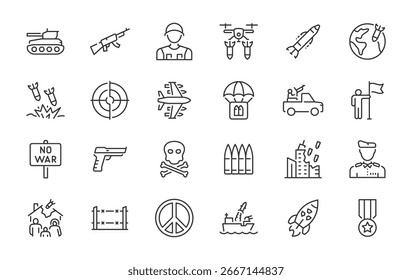 Ícones da Web War em estilo de linha. Exército, batalha, conflito, militar, míssil, refugiados, bomba, tanque, coleção. Ilustração vetorial.