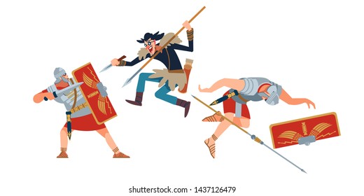 War in Western European medieval society. Roman conquest. German barbarians attack the Romans . Ancient historical battle. Vector illustration on white isolated background.