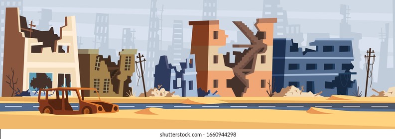 War zone. Damaged city destroy environment broken buildings and road destruction collapsed world vector cartoon background