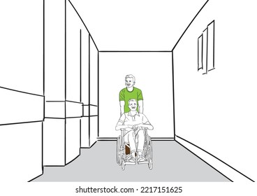 Ward Boy Trolling Physiotherapy doctor and Patient Vector Art