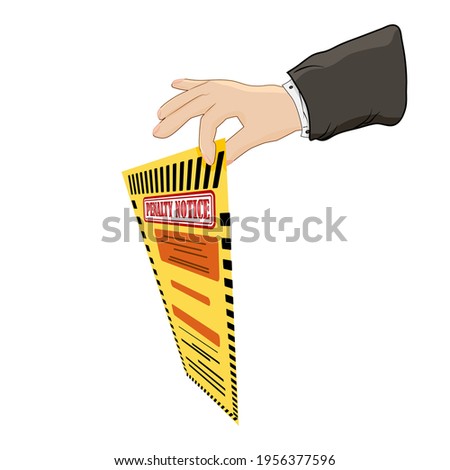Warden hand holding violation ticket.Hand holding a fine ticket  isolated on white background.Police charge bill for speeding or traffic law offense.Road traffic safety regulations.Vector illustration