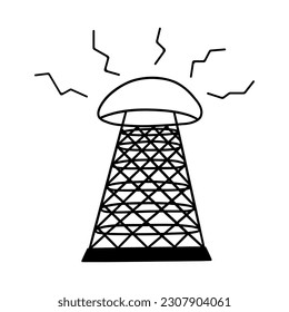 Wardenclyffe Tower, Tesla wireless telecommunications tower. Broadcasting, telephony. High technology, clean energy generation. Black and white vector isolated illustration hand drawn doodle