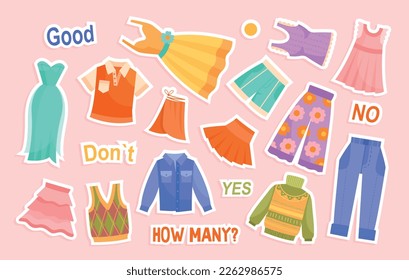 Warderobe clothes set. Stickers for social networks and messengers. Male and female sweaters, t-shirts and jeans. Dress annd skirt. Cartoon flat vector illustrations isolated on pink background