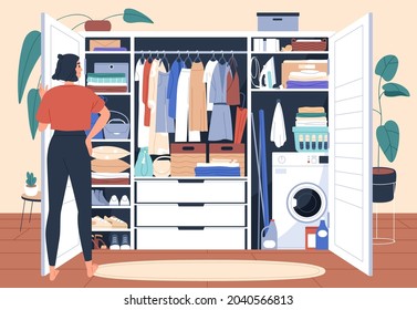 Wardrobe after decluttering and putting in order. Woman in front of tidy closet with organized arranged storage system for clothes, folded on shelves and hanging on racks. Flat vector illustration