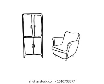 wardrobe and armchair drawn in one continuous line. Furniture for an interior