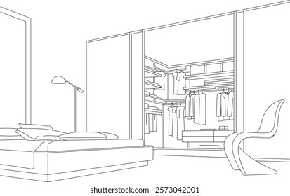 Wardrobe Bedroom Black and White Vector Line Art Illustration