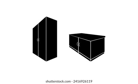 wardrobe, bedside table, black isolated silhouette