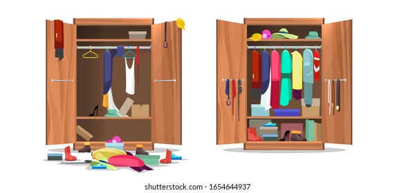 Wardrobe Before And After Organization. Woman Clothings And Shoes In Mess And Tidy Organizing, Opening Dress Closet With Messy And Organized Clothes Cartoon Vector Illustration