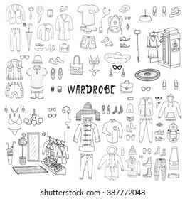 Wardrobe. Big hand drawn collection of trendy clothes and accessories. Look Book. Isolated. 