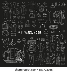 Wardrobe. Big hand drawn collection of trendy clothes and accessories. Look Book. Isolated. 