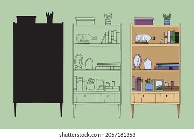 
wardrobe with books, mirror, flowers, vase. vector illustration