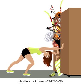 Wardrobe is bursting from stuff, woman trying to hold the doors closed, EPS 8 vector illustration