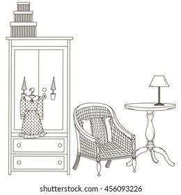 Wardrobe, chair, desk, light. Vector illustration. Drawn by hand.