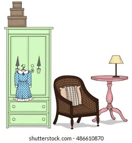 Wardrobe, chair, desk, light. Vector illustration. Drawn by hand.