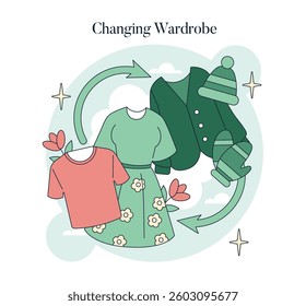 Wardrobe change symbolizes the transition from winter to spring with vibrant clothing. Elements of seasonal fashion are featured, portraying flowers and warm colors. Represents new beginnings and