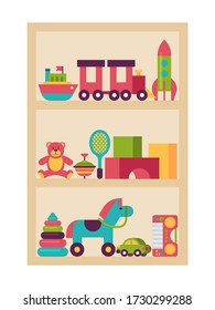 Wardrobe children toy, plaything shelf isolated on white flat vector illustration. Set baby things horse, teddy bear color cube rocket train car and kid boat. Armoire store child plaything.