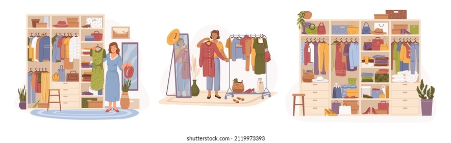 Wardrobe or cloakroom with clothes and stylish outfits for woman. Vector clothing shop or boutique with apparel for ladies. Mirror and hanger, shelves with accessories set. Flat cartoon character - Shutterstock ID 2119973393