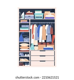 Wardrobe, closet full of clothing, shoes, bags, accessories. Open cupboard with garment rail, boxes, ordered folded stuff, wearing on shelves. Flat vector illustration isolated on white background