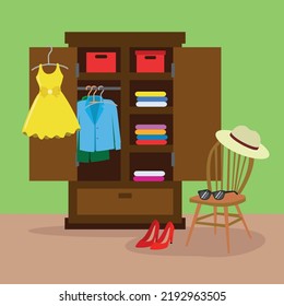 wardrobe with clothes and accessories