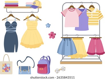 Wardrobe with clothes and accessories. Displayed on hangers and shelves. On a light background. Suitable for fashion and shopping themes.