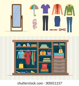 Wardrobe for clothes. Closet with clothes, bags, boxes and shoes. Mirror and cloths sets. Flat style vector illustration.