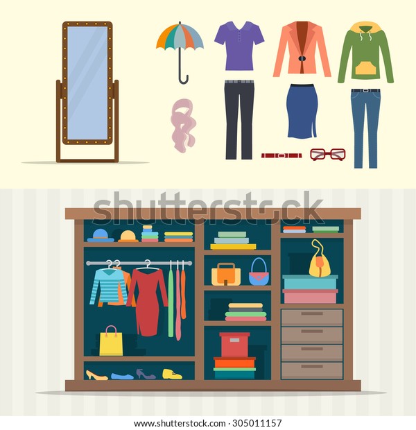 Wardrobe Clothes Closet Clothes Bags Boxes Stock Vector Royalty