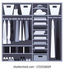 Wardrobe. Clothes in the closet. Vector illustration.