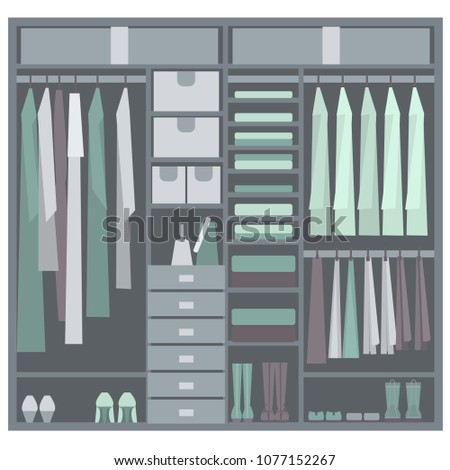 Wardrobe. Clothes in the closet. Vector illustration.
