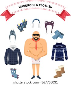 Wardrobe and clothes. Clothing around men in shorts. Warm winter clothes design. Scarf and winter fashion, winter hat, winter coat, cloth and hat, jacket and glove, coat and boot, outerwear seasonal
