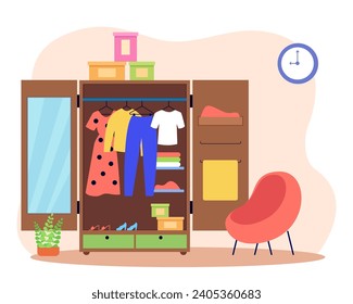 Wardrobe with clothes flat vector illustration. Dress, trousers, jumper on hangers, shoes, boxes. Clothing, fashion, minimalist wardrobe concept