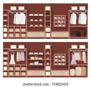 Wardrobe with clothes, footwear and accessories. Vector illustration