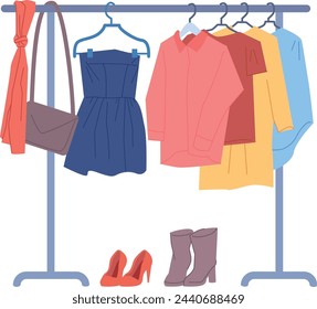 Wardrobe with clothes hanging. Closet trendy outfits isolated on white background
