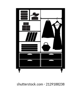 Wardrobe With Clothes Icon Isolated On White Background. Closet Black Pictogram. Wardrobe Silhouette. Dresser Pictogram. Cloakroom Furniture. Room Interior. Cupboard Full Of Things.Vector Illustration