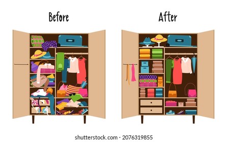 A wardrobe with clothes neatly laid out on the shelves and a wardrobe randomly littered with clothes. Mess and order in the wardrobe. before and after cleaning, sorting things. Reasonable consumption