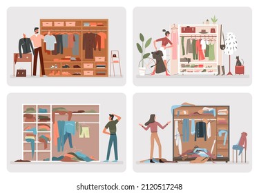 Wardrobe with clothes and people set vector illustration. Cartoon woman man characters organize shirts, dresses and shoes in open home closet, choosing clothing. Dressing room organization concept