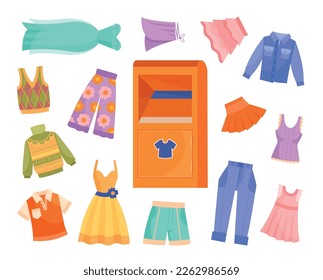 Wardrobe clothes set. Collection of stickers for social networks. Pants, dress, tshirt and sweater in closet. Skirt and bloose. Cartoon flat vector illustrations isolated on white background