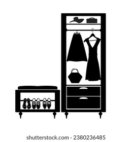 Wardrobe with clothes and shoes bench icon. Simple closet black pictogram. Wardrobe silhouette. Dresser pictogram. Cloakroom furniture. Room interior. Cupboard full of things.Stock vector illustration