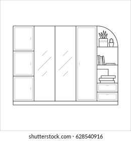 Wardrobe for clothes in thin line. Flat vector icon of closet in simple outline style. Interior element of house bedroom furniture. Black thin linear illustration isolated on white background.