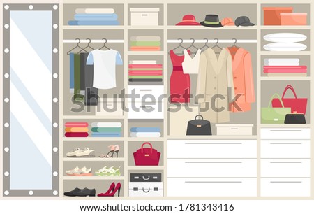 Wardrobe with clothes vector illustration. Cartoon flat opened closet compartments with woman man clothing, hangers with costume or dress, big mirror, shoes. Dressing room organization background