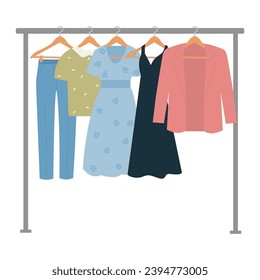 Wardrobe of clothes. Women clothes hanging on hanger rail.Modern apparel, garments row for sale, charity, stock.Vector illustration