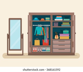 Wardrobe for cloths with mirror. Closet with clothes, bags, boxes and shoes. Flat style vector illustration.