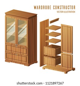 Bauanleitung für Wardrobe oder Einbauschränke mit Türen und Regalen, Regalen. Plan für die Holzverarbeitung oder Möbelgeschäft, Detail-Konstrukteur. Thema der Substituierbarkeit