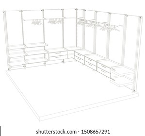 Wardrobe contour with shelves and hangers. Clothing store element. Perspective view. Veteran illustration.